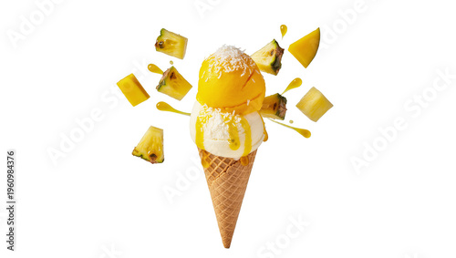 Isolated delicious mango and vanilla ice cream cone with tropical fruits and sauce splash