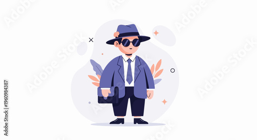 Cartoon character in suit and hat with sunglasses and briefcase