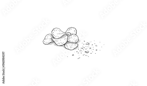 Hand-drawn potato chips with crumbs in black and white ink sketch