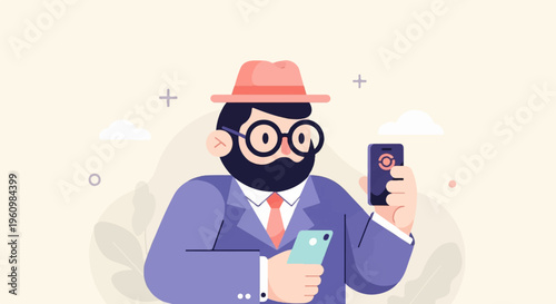 Cartoon man in a suit and hat holds two phones, one with a logo