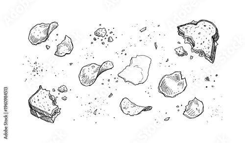 Hand-drawn snack crumbs and chips with sandwich remnants sketch