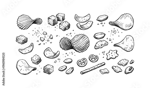 Hand-drawn snack varieties including chips, pretzels, and crackers on white background