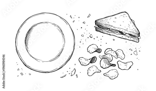 Hand-drawn sketch of empty plate, triangle sandwich, and crispy chips