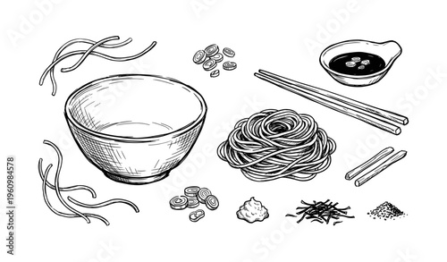 Hand-drawn ramen ingredients with bowl, noodles, chopsticks, soy sauce, and seasonings