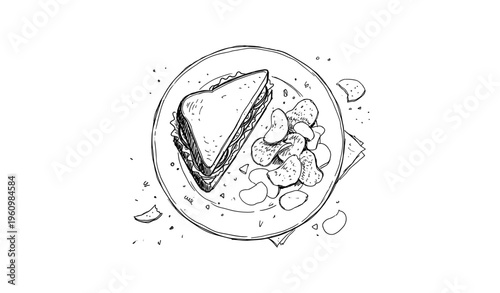 Hand-drawn sandwich with lettuce and tomato accompanied by chips on plate