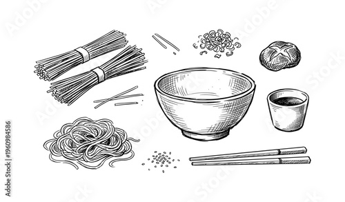 Hand-drawn noodle arrangement with bowl, tomato, and chopsticks