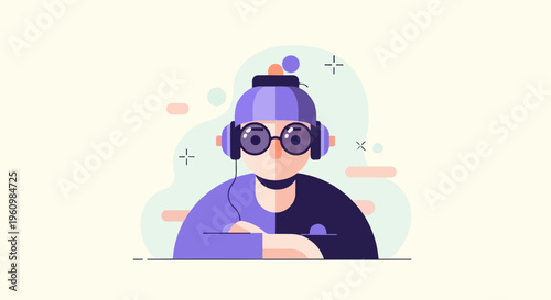 A person in a hat and headphones, with eyes wide behind round glasses