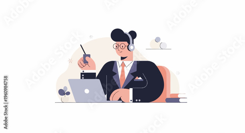 Cheerful man in suit with headset and walkie-talkie at desk