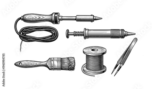 Vintage tools and equipment for soldering and painting in detailed black and white