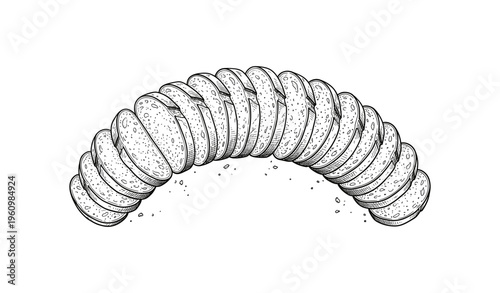Illustrated stack of sandwich cookies arched in a curve with crumbs