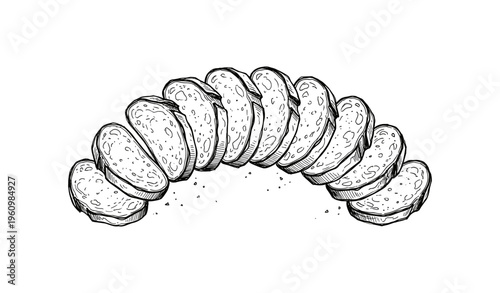 Hand-drawn sliced bread illustration with detailed texture in monochrome