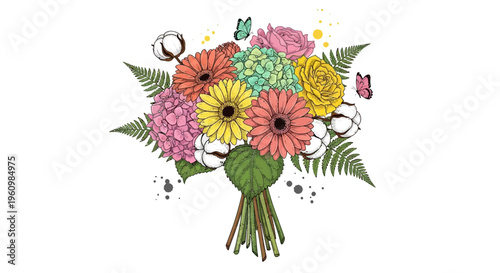 Colorful bouquet illustration featuring various flowers and butterflies on white background