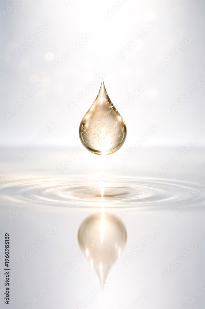 Fototapeta premium Golden liquid drop suspending above a reflective water surface, creating soft ripples and a glowing light effect, conveying concepts of purity, essence, and skincare