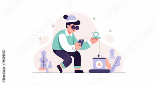 Person crouches holding phone, interacting with abstract shapes