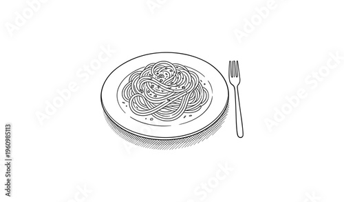 Black and white sketch of spaghetti dish with fork on side