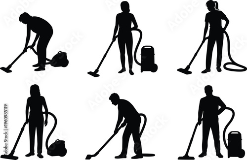 Collection of Silhouettes of People Vacuuming with Different Poses and Vacuum Cleaner Types Keywords: silhouette, people, vacuuming, cleaning, housework, domestic, domestic chores, vacuum