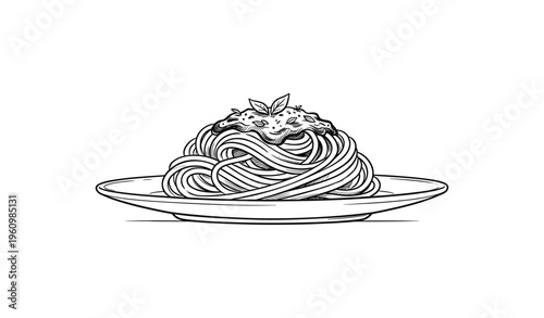 Hand-drawn black and white spaghetti with tomato sauce and basil on plate