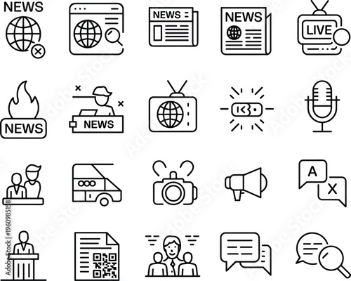 news media icons set, journalism broadcast collection, live tv radio report symbols, communication press outline vector illustration pack