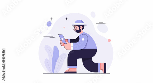 Man in hat with beard on knee using tablet