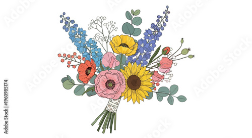 Colorful bouquet illustration with mixed flowers and greenery on white