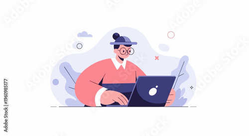 Person in a pink sweater and hat using a laptop among abstract shapes and plants