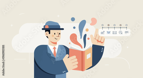 Man in suit and hat holds book with colorful splashes; timeline with icons above