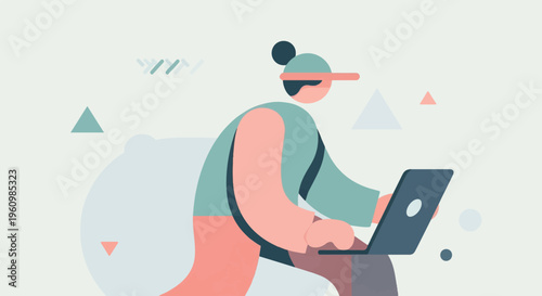 Modern illustration of a person wearing a cap and working on a laptop