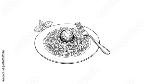 Black and white pasta illustration with fork and basil