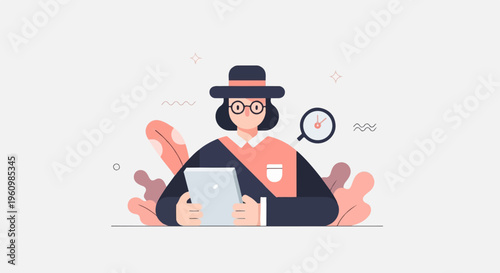 Minimalist illustration of a person wearing a hat and glasses, holding a tablet