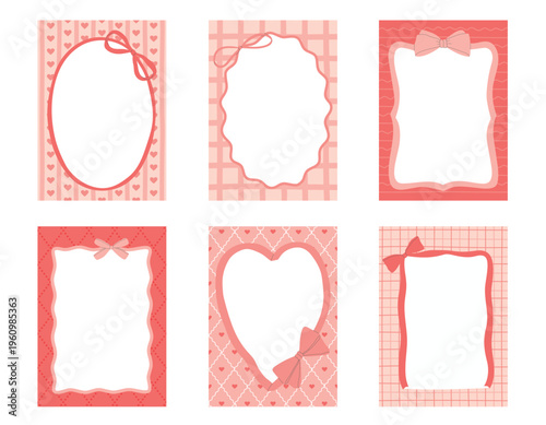 Tableau sur toile Set of ribbon frames with bows on pink pattern background