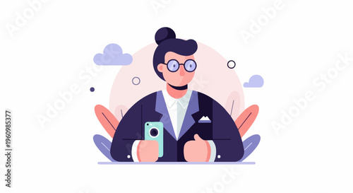 Person in a suit with glasses holds a phone, surrounded by abstract shapes and clouds