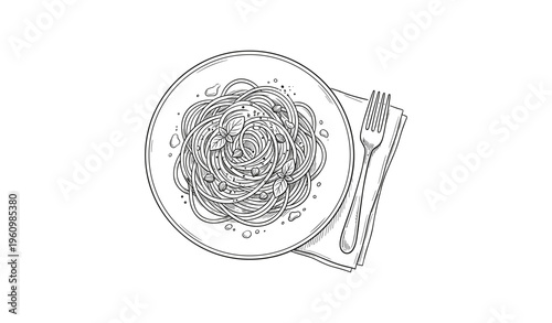 Hand-drawn spaghetti on plate with herbs and fork on napkin