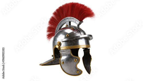 Fotografie Isolated Roman Centurion helmet with a vibrant red plume, classic ancient milita