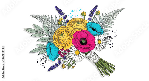 Colorful bouquet illustration with various flowers and foliage on white background