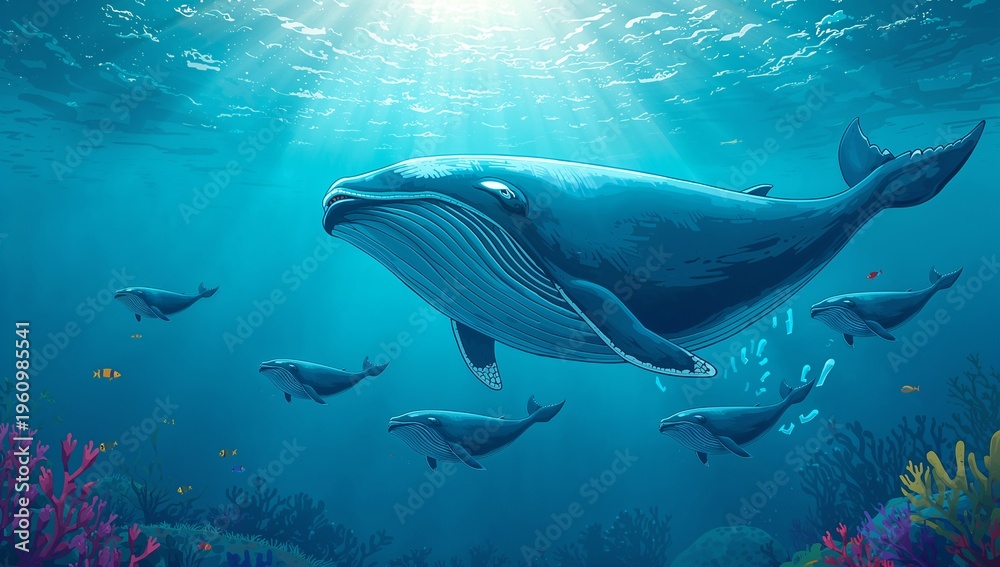 Fototapeta premium Majestic Humpback Whale Swimming in Vibrant Coral Reef Environment