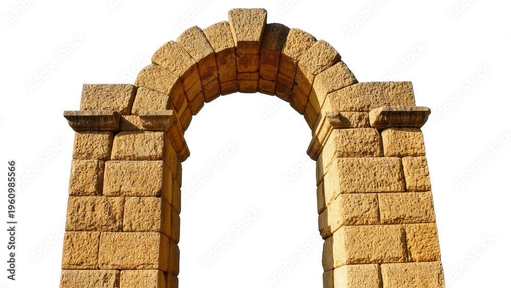 Fototapeta premium Isolated historic stone archway with rugged textured blocks, ancient architectural structure