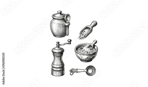 Vintage kitchen utensils and ingredients - grinder, bowl, jar, scoop, measuring spoon