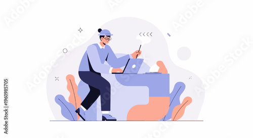 Person wearing a hat and glasses works on a laptop at a desk