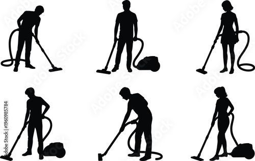 Diverse Silhouettes of Individuals Vacuuming Floors with Different Poses and Vacuum Cleaner Styles Keywords: silhouette, vacuuming, cleaning, people, housework, domestic, floor cleaning
