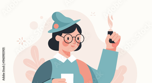Flat illustration of a person with a hat and glasses holding a lit cigarette lighter