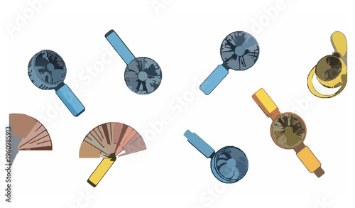 Minimal handheld fan vector illustration with electric mini fans and folding fans in dynamic layout isolated on white