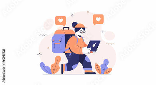 Person with backpack and tablet enjoys digital connection on the go