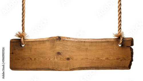 Isolated rustic wooden sign hanging by thick ropes, blank wood plank for message
