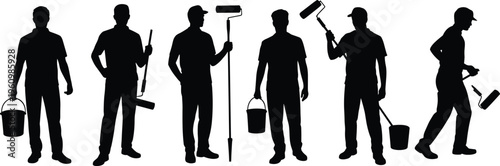 Silhouettes of Men Holding Paint Rollers and Buckets in Various Poses for Painting and Decorating Keywords: silhouette, men, painters, painting, decorating, paint roller, bucket, paint