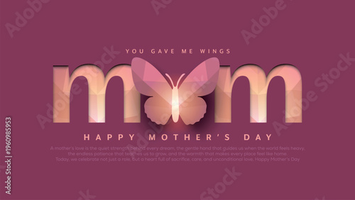 Happy mothers day greeting with mom paper cut typography and butterfly wings design for banner, poster, social media. Creative vector illustration design for mothers day.