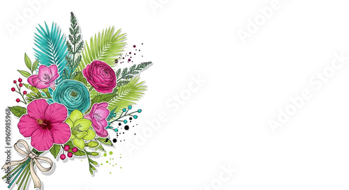 Colorful floral arrangement of diverse flowers detailed botanical illustration