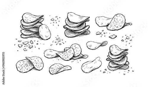 Hand-drawn potato chips assortment with crumbs and textures