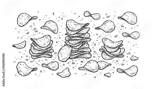 Hand-drawn black and white stacks of potato chips with crumbs