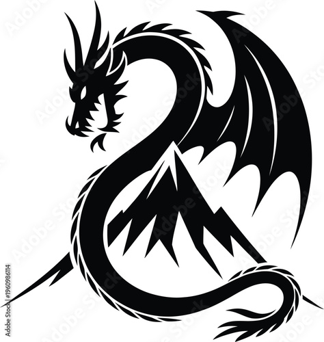 Black Silhouette of a Fierce Dragon with Wings Spread and Sharp Claws, White Background, Dragon Art