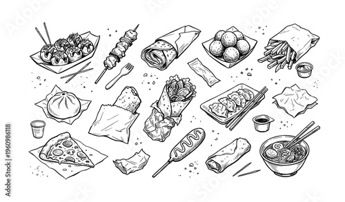 Variety of hand-drawn street foods including pizza, dumplings, and sushi rolls